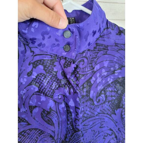 Louis Feraud Art Deco High Collar Lux Satin Button Down Blouse, sz 4 - Picture 4 of 16
